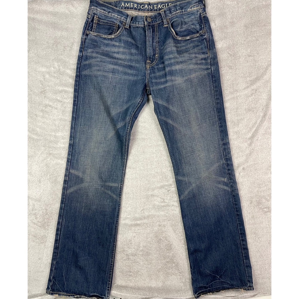 American Eagle Jeans Men Size 34 Low Rise Boot Cut Blue Denim Distressed Casual